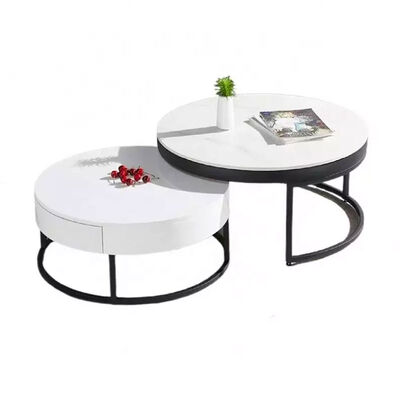 Vintage White Luxury Marble Top Coffee Table With Drawer Storage Black Steel Base