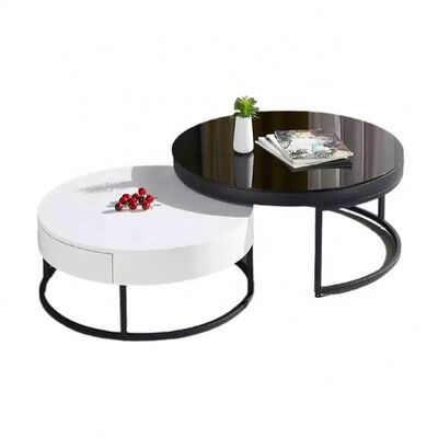 Vintage White Luxury Marble Top Coffee Table With Drawer Storage Black Steel Base