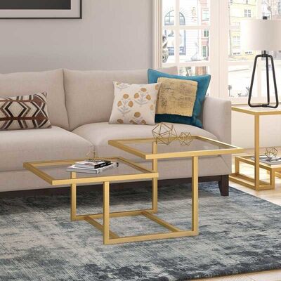 Giá tốt. Geometric Tempered Glass Coffee Tables Gold Stainless Steel Frame For Home Hotel trực tuyến