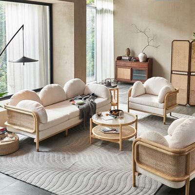 Giá tốt. Wood Rattan Living Room Simple Sofa Country Style Sponge Upholstery Teddy Fabric trực tuyến